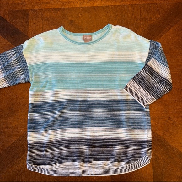 Chicos blue variegated ombre stripe 3/4 sleeve knit lightweight sweater 0 Small - Picture 1 of 8